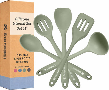 Starpack Stir and Serve Silicone Cooking Utensils Set (5-Piece, 11") - LFGB Non Toxic, 600°F Heat Resistant, BPA-Free - One-Piece Seamless, Dishwasher Safe - for Nonstick Cookware, Earthy Pink