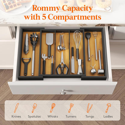 Lifewit Utensil Organizer for Kitchen Drawer, Expandable Cooking Utensil Tray, Cutlery Silverware Flatware Holder, Wood Adjustable Spatula Tools Storage Divider, 8.9-15.8 x 15.75, Natural
