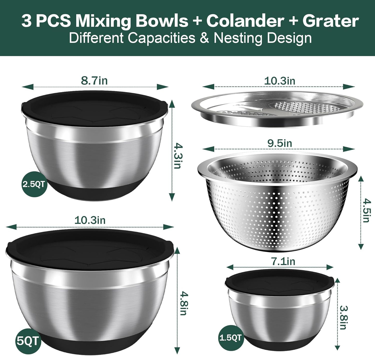 Nicdiet Mixing Bowls with Airtight Lids, Stainless Steel Mixing Bowl Set with 3 Metal Nesting Bowls, Colander & Grater, Non-Slip Bottoms, Size 1.5, 2.5, 5 QT, Great for Mixing & Serving, Khaki