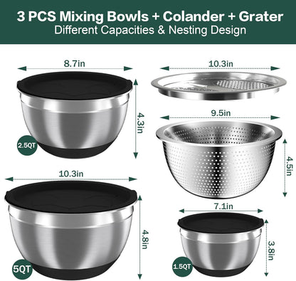 Nicdiet Mixing Bowls with Airtight Lids, Stainless Steel Mixing Bowl Set with 3 Metal Nesting Bowls, Colander & Grater, Non-Slip Bottoms, Size 1.5, 2.5, 5 QT, Great for Mixing & Serving, Khaki