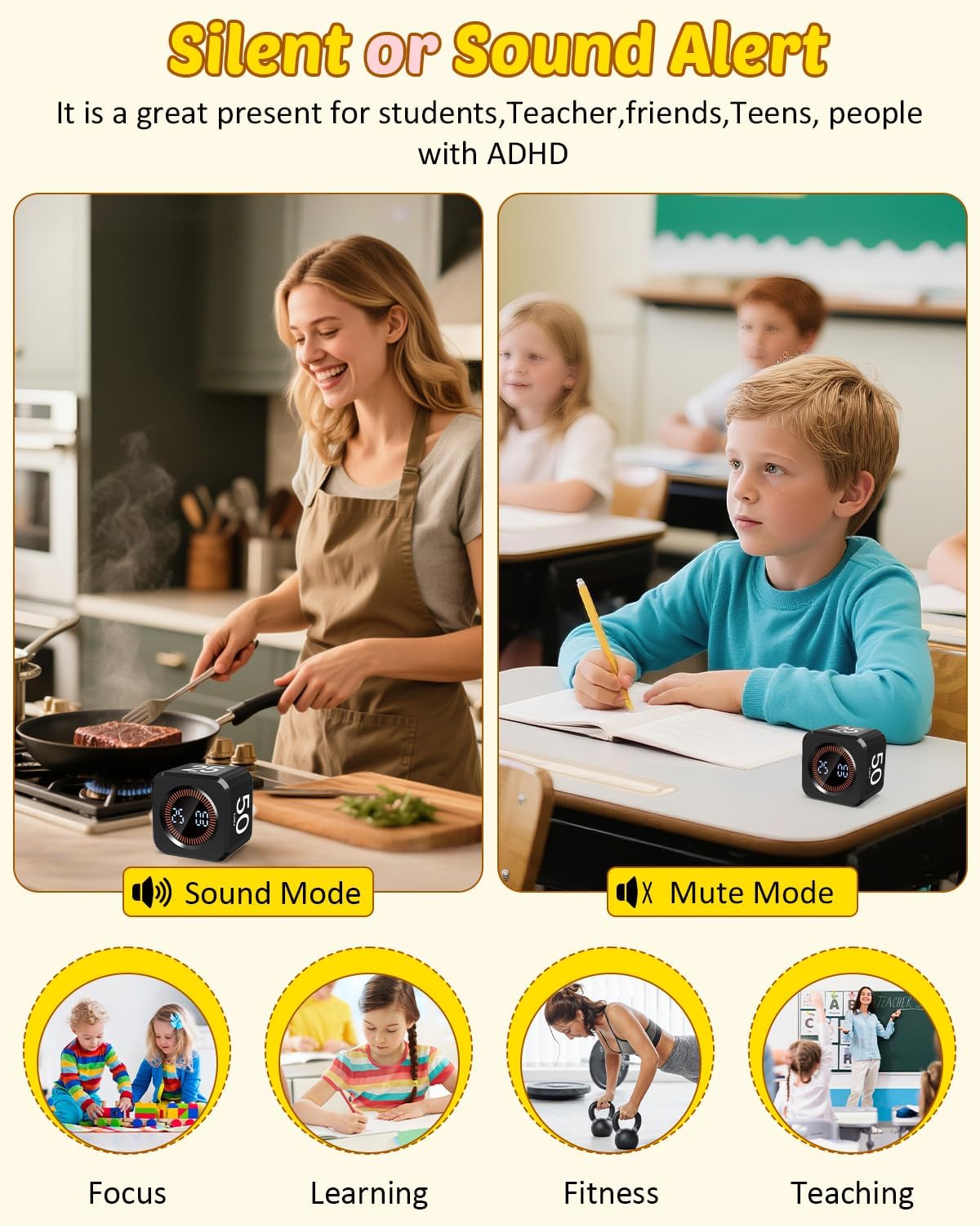Digital Pomodoro Timer Cube 5/10/25/50min, Visual Productivity Flip Timer for Kids Classroom Desk, Custom Countdown, Silent and Sound Mode for ADHD Study Work Game Kitchen (Orange)