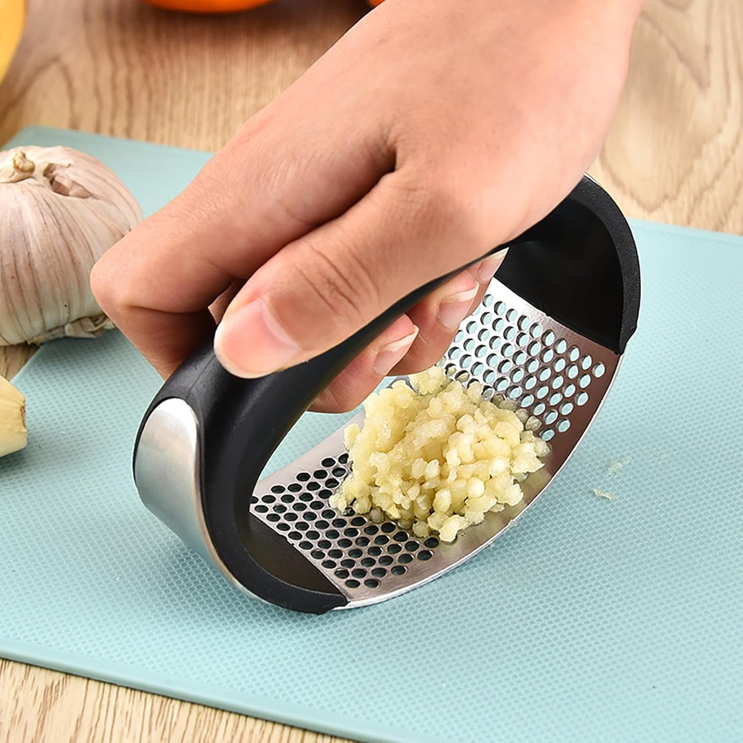 Garlic Press Rocker - Stainless Steel Garlic Crusher, Mincer and Chopper with Peeler & Scraper, Easy Kitchen Gadget for Effortless Smashing garlic crusher stainless steel