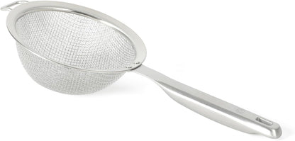 Calphalon Edge Stainless Steel Strainer, Fine Mesh Kitchen Colander Strainer with Thermoplastic Rubber Handle, Sifter for Rinsing, Draining & Straining Food, Navy