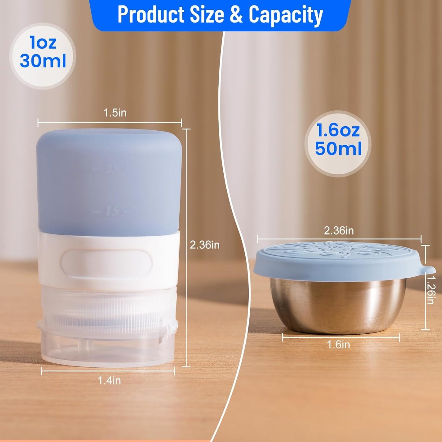 MICEBAY 8-Pack Salad Dressing Container To Go, 2-oz Silicone Small Condiment Squeeze Bottles and 1.6 oz Stainless Steel Sauce Containers Cups, Leakproof Condiment Containers with Lids for Lunch Box