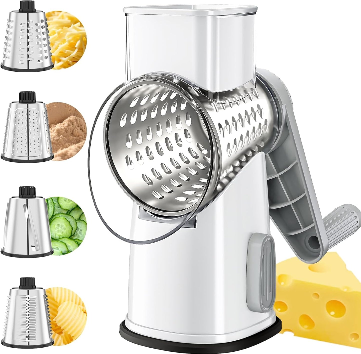 VEKAYA Rotary Cheese Grater Hand Crank with 4 Interchangeable Stainless Steel Blades, Large Manual Handle Shredder and Waffle Slicer for Vegetables, Cheese and Nuts with Table Suction Base(Blue)
