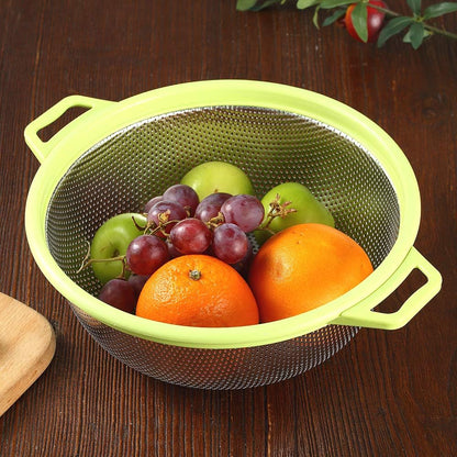 HiramWare Stainless Steel Colander With Handle and Legs, Large Metal Pink Strainer for Pasta, Spaghetti, Berry, Veggies, Fruits, Noodles, Salads, 5-quart 10.5” Kitchen Mesh Colander, Dishwasher Safe