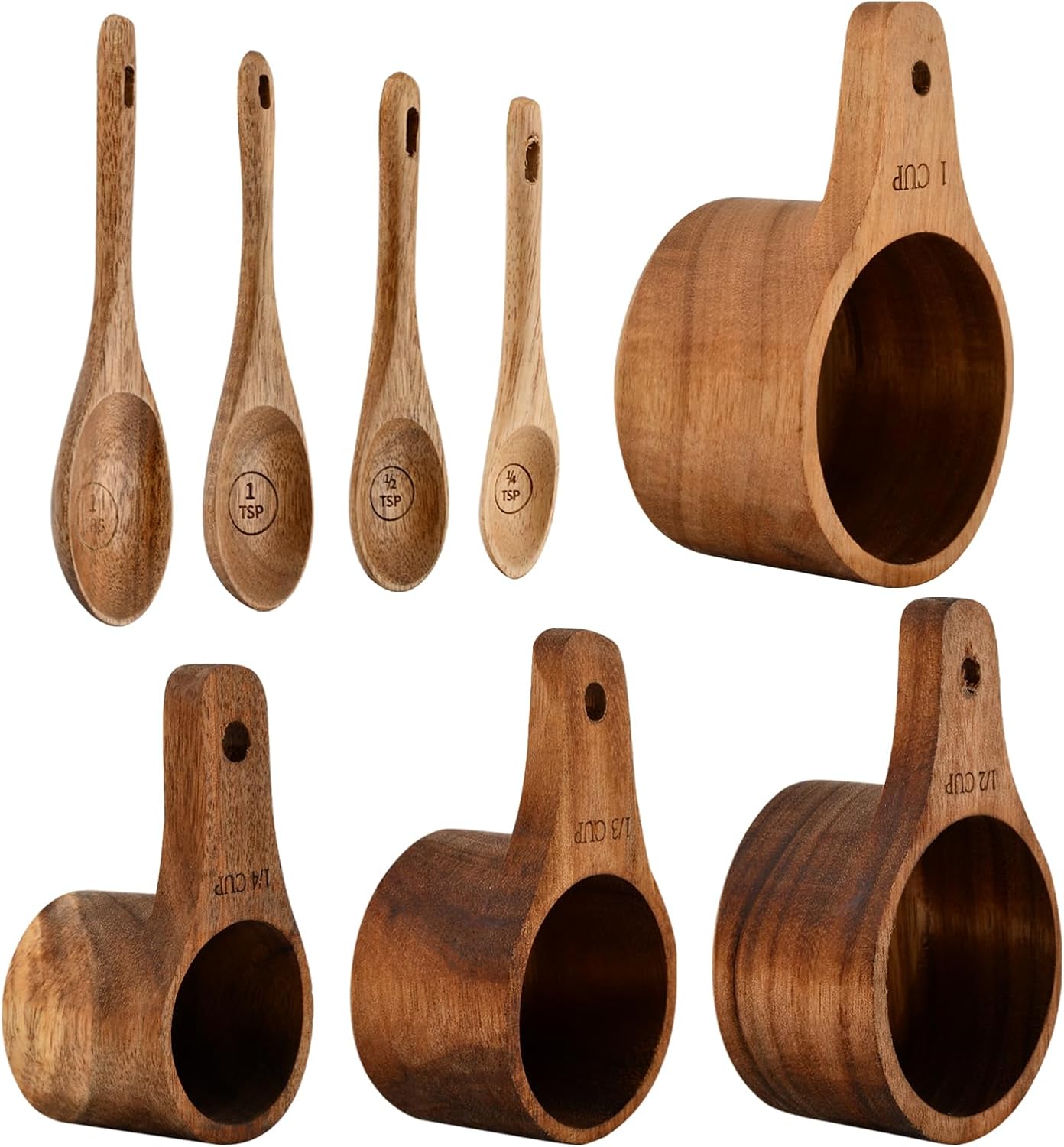 8-Piece Wooden Measuring Cups and Spoons Set, Laser-Engraved, Nesting Design, Measuring Spoons for Dry Ingredients, Kitchen Gadgets for Cooking and Baking