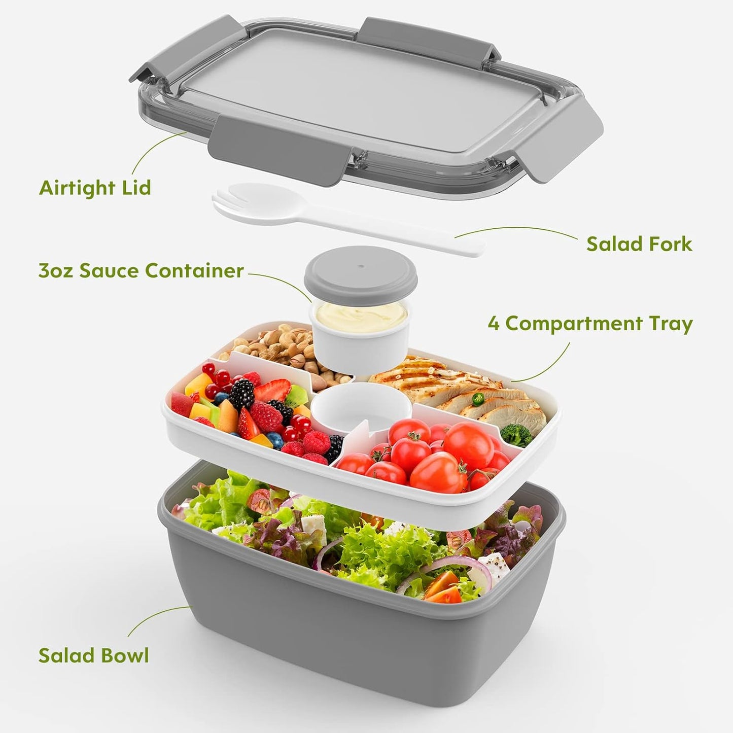Cherrysea 2Pack Salad Lunch Container, 68oz Salad Bowls with 4 Compartments Tray,Leak Proof Lunch Box with Fork for Men,Women BPA-Free Snack Container with Sauce Container for Dressings-Pink