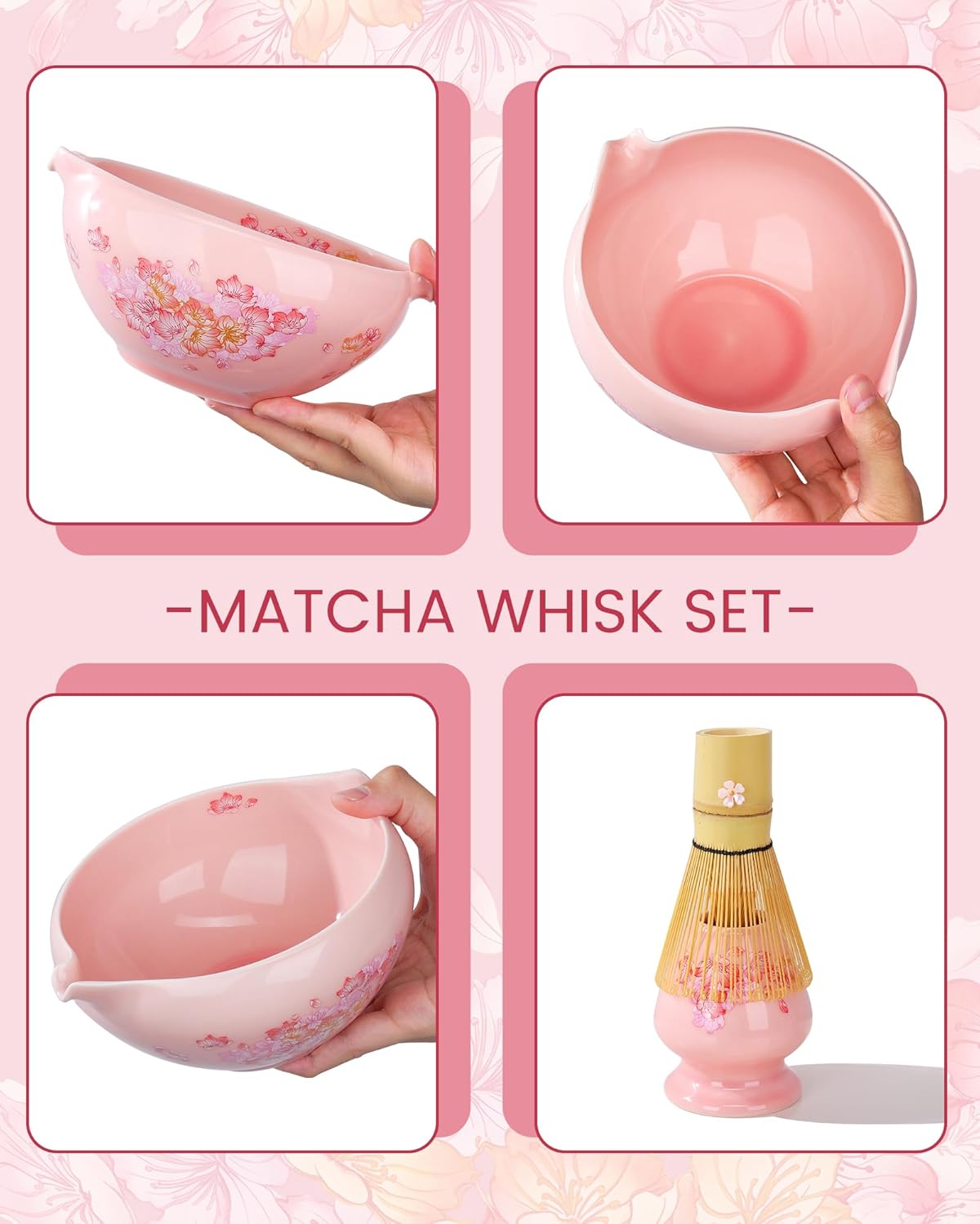Matcha Whisk Set, 6pcs Matcha Kit Includes Large Matcha Bowl, Bamboo Whisk & Scoop with Cute Charm, Chasen Holder, Innovative Sifter, Tea Mat for Japanese Tea Ceremony-Floral Pattern