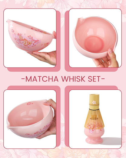 Matcha Whisk Set, 6pcs Matcha Kit Includes Large Matcha Bowl, Bamboo Whisk & Scoop with Cute Charm, Chasen Holder, Innovative Sifter, Tea Mat for Japanese Tea Ceremony-Floral Pattern