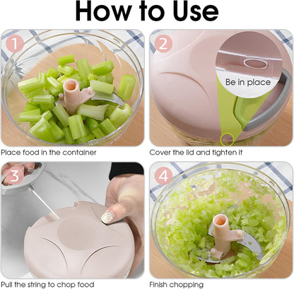 Vegetable Chopper Manual Hand Pull String Onion and Garlic Mincer Chopper 500ml Small Fruit and Veggie Cutter Portable for Ginger Chili Pepper Meat Salad - Pink