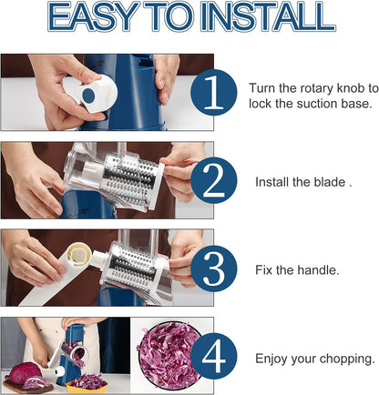 Ourokhome Rotary Cheese Grater Hand Crank, Kitchen Shredder Speed Mandolin Slicer Nut Grinder with Handle and Drum Blades for Cheese, Vegetable, Walnut, Chocolate, Potato, Carrot, 3 Blades, Dark Blue