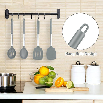 Pack of 4 Large Silicone Cooking Spatulas and Spoons, Slotted and Solid Stainless Steel Cooking Utensils Set, Non-stick Heat Resistant Kitchen for Baking, Fried, Stir-Fry, Mixing, Serving (Black)
