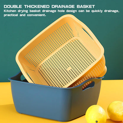 Double-layer Plastic Fruits Vegetable Washing Basket Food Storage Multi-layer Stackable Vegetable Sinks Wash Drain Basket for Kitchen (White)