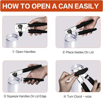 Can Opener Stainless Steel Manual Can Opener Easy Turn Knob Sharp Cutting Wheel Good Grips with Built-in Bottle Opener