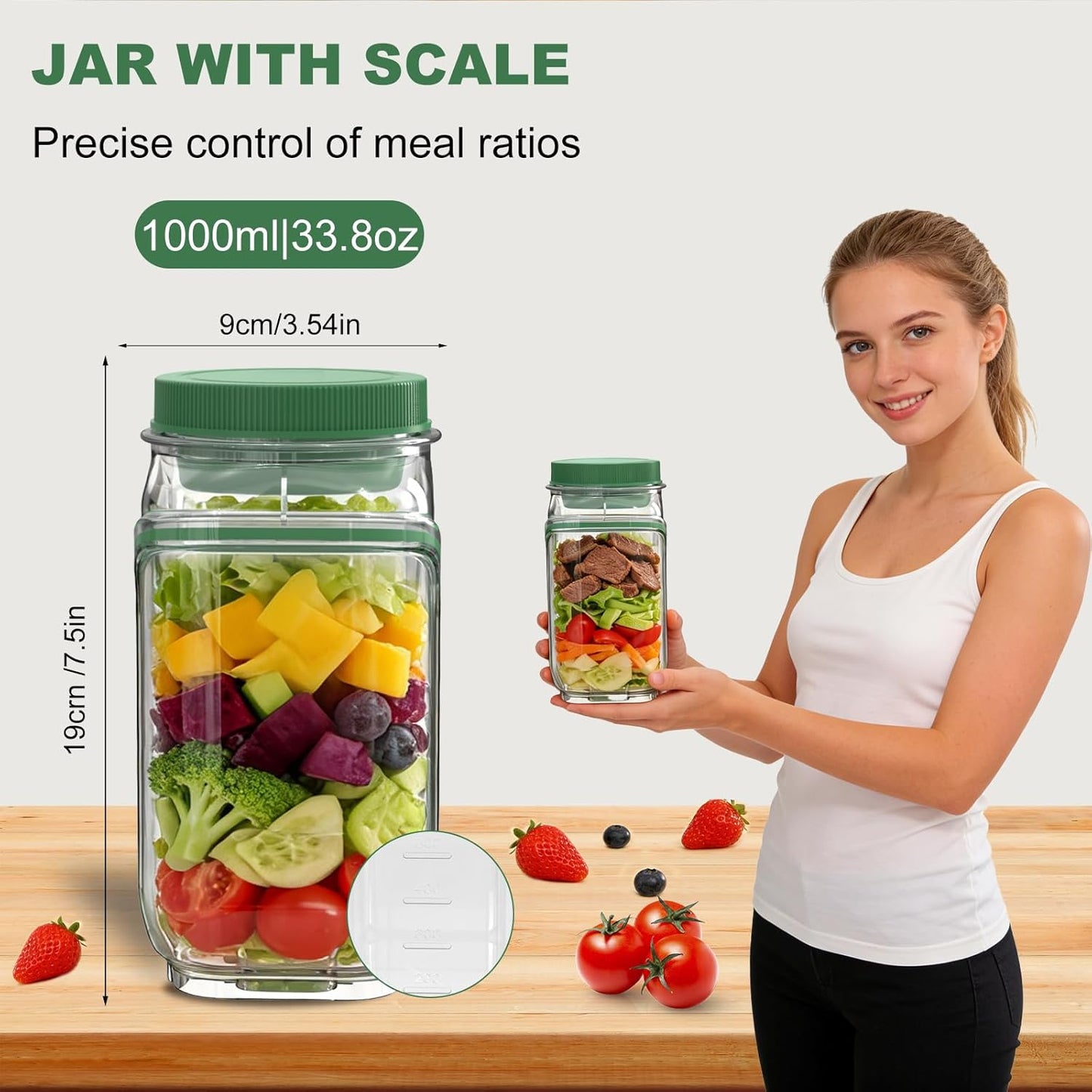 FNHMSL Side-Opening Mason Salad Jar, Portable (35 oZ) 1000ml Salad Container with Leakproof Dressing Cup, Includes Spoon and Cleaning Brush, Perfect for Meal Prep, Gym, Office, Picnic and Travel