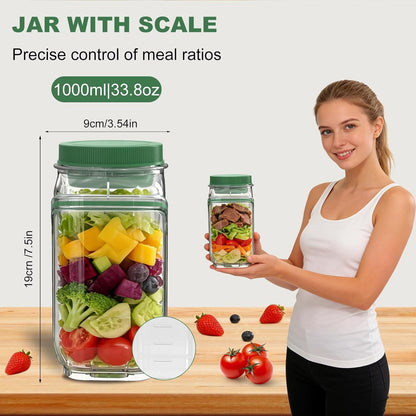 FNHMSL Side-Opening Mason Salad Jar, Portable (35 oZ) 1000ml Salad Container with Leakproof Dressing Cup, Includes Spoon and Cleaning Brush, Perfect for Meal Prep, Gym, Office, Picnic and Travel