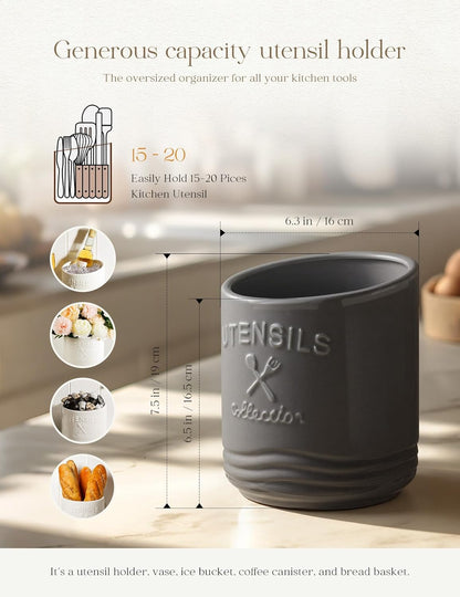 AISBUGUR Large Ceramic Utensil Holder: 7.5" H×6.3" W with Slanted Mouth - Utensil Crock with Non-Slip Cork Base for Kitchen Counter, Ideal for Decor & Gift,white utensil holder