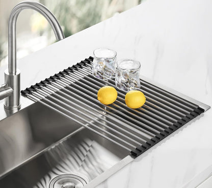 Tomorotec 17.7" x 15.5" Roll Up Dish Drying Rack Over Sink Drying Rack Sink Cover Kitchen Sink Accessories Gadget Multipurpose Organizer Foldable Stainless Steel Drainer