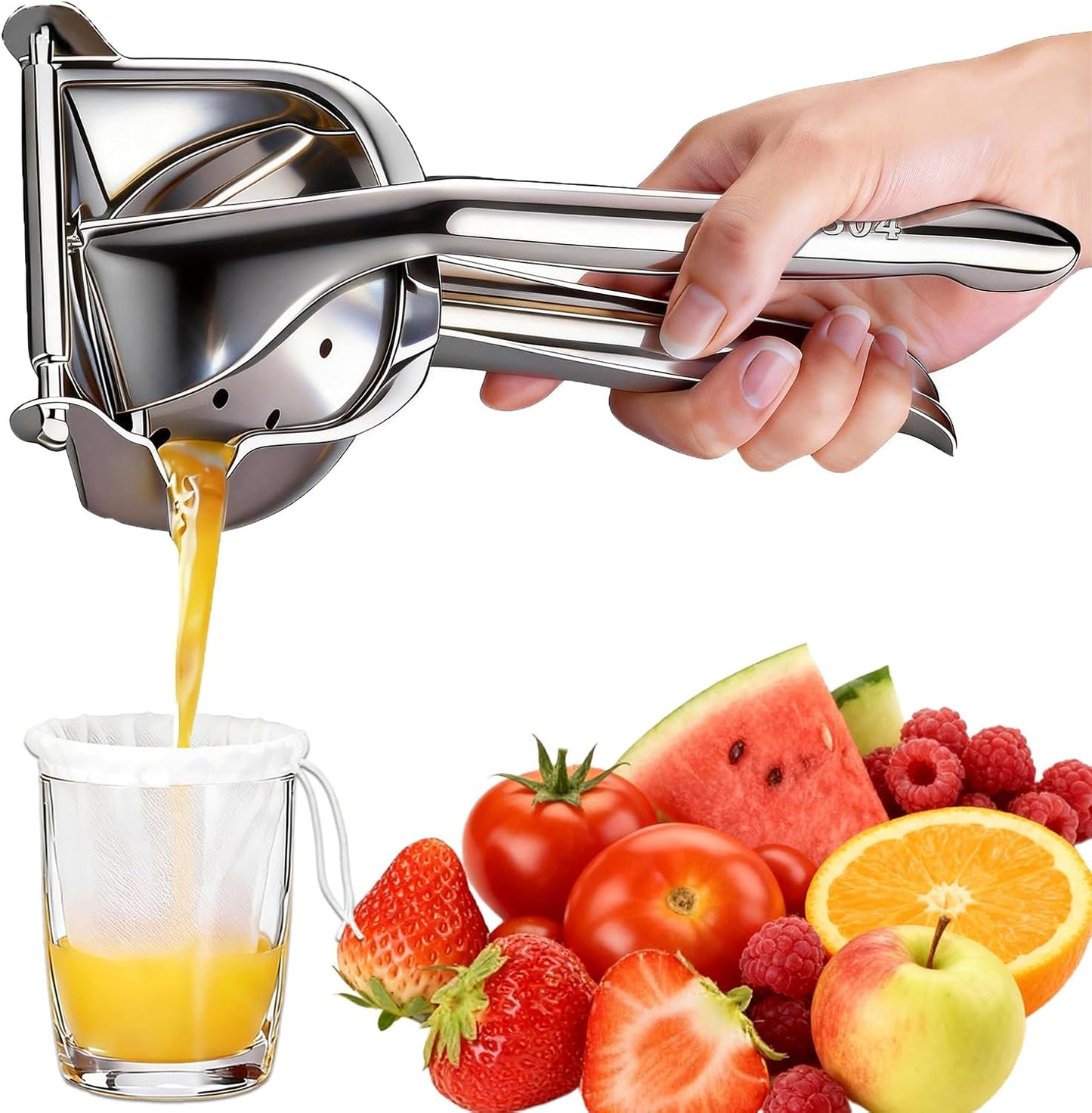 Fruit Juice Squeezer Manual Juicer – 304 Stainless Steel Hand Juicer Juice Press with Metal Filter filter bag, Easy to Use & Clean, Non-Slip Ergonomic Grip, for Lemon, Orange & Citrus