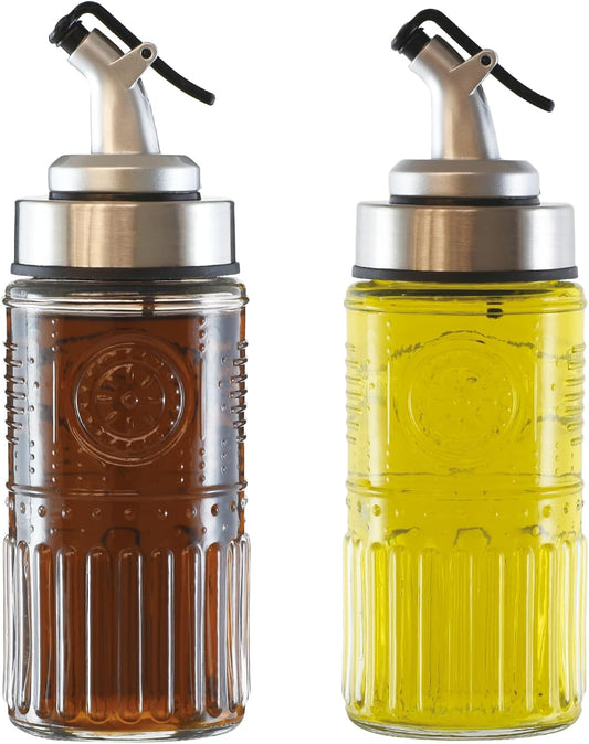 2 Pack Mini Oil and Vinegar Dispenser Set, 195ml - Vintage Glass Shoyu Soy Sauce Dispenser Bottles for Dining Table, Kitchen (Floral-B)