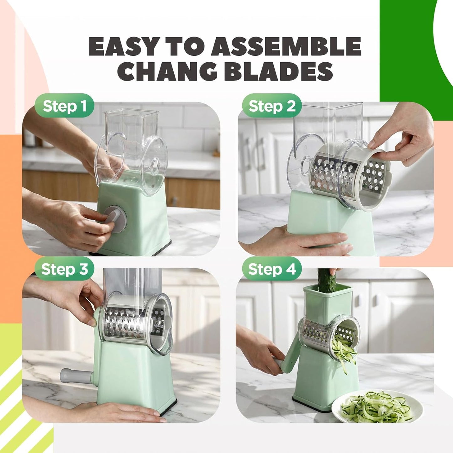 6-in-1 Multifunctional Rotary Cheese Grater with 11 Blades Dice Shred Slice Vegetable Chopper with Suction Base 360° Rotating Handle Safety Push Cup Multi Food Slicer Dicer for Kitchen(Green)