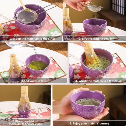 8-Piece Matcha Ceremony Set - Tea Kit with Cherry Blossom Bowl, Bamboo Whisk, Wood Scoops, Tea Cloth & Floral Display - Gift-Ready Pink Cherry color box (blue)