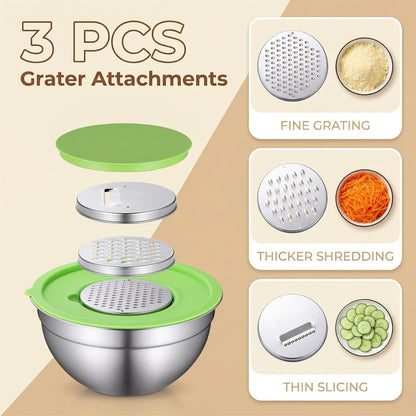 Stainless Steel Mixing Bowls with Lids Set, 6 Nesting Kitchen Bowls 0.7-4 QT, Metal Mixing Bowls with 3 Grater Attachments, Dishwasher Safe for Prep, Mixing, Serving & Storage