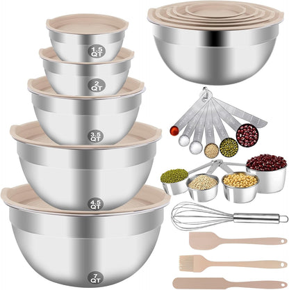 WEPSEN 5-Speed Electric Hand Mixer, 4 Large Mixing Bowls Set, Handheld Mixers with Whisks Beater, Stainless Steel Metal Nesting Bowl Measuring Cups Spoons Kitchen Cake Blender for Baking Supplies