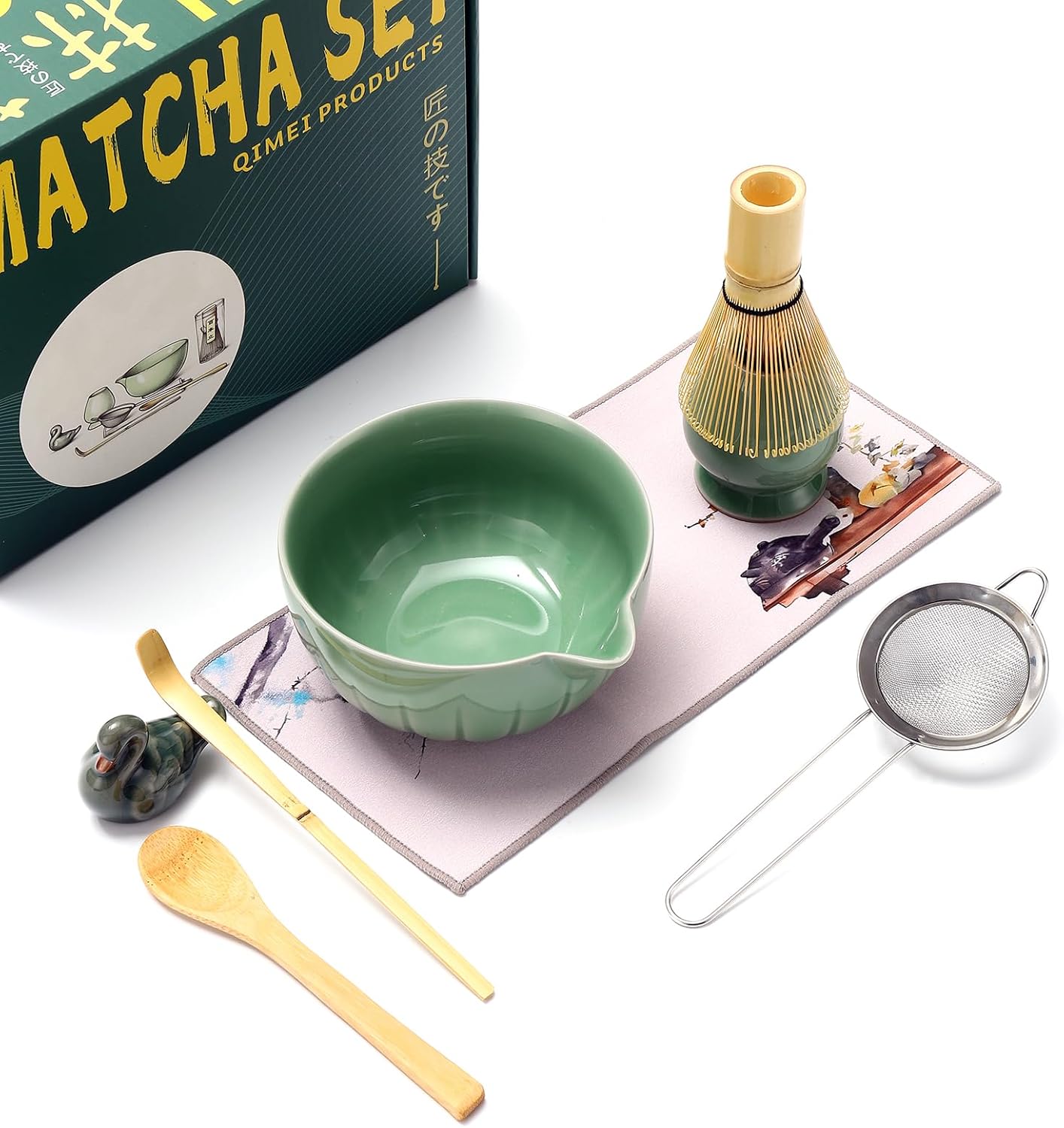 Matcha Ceremony Accessory,temmoku glaze Matcha Whisk, Traditional Scoop (Chashaku), Tea Spoon, Whisk Holder, 1 tea bowl, 1 tea siev, The Perfect Set to Prepare a Traditional Cup of Matcha. (Green)