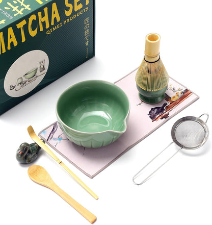 Matcha Ceremony Accessory,temmoku glaze Matcha Whisk, Traditional Scoop (Chashaku), Tea Spoon, Whisk Holder, 1 tea bowl, 1 tea siev, The Perfect Set to Prepare a Traditional Cup of Matcha. (Green)