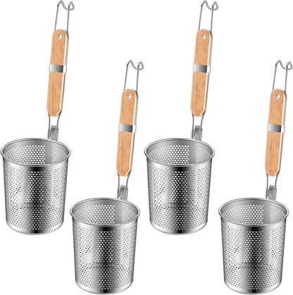 Tessco 4 Pcs Pasta Strainer, 4.7" x 5.2'' Stainless Steel Pasta Basket Mesh Cooker with Wood Handle, Spider Strainer Kitchen Skimmer for Food Dumpling Noodle Blanching(Dark Color)