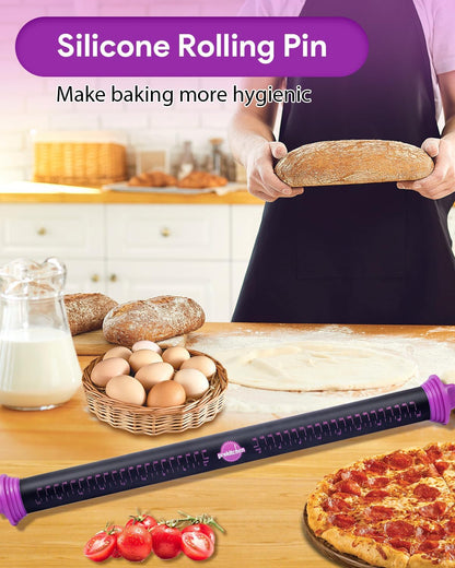 Silicone Rolling Pin with Thickness Rings, Adjustable Designs for Fondant, Cookie Decorating, Pasta, Pizza, 23.6 inch Purple Large Long Pin