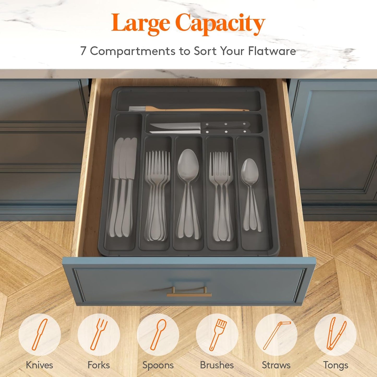 Lifewit Silverware Organizer with Lid, Covered Utensil Tray for Kitchen Drawer and Countertop, Plastic Cutlery and Flatware Storage Box for Spoons Forks Knives Holder Case, 12.6x11.8", Gray