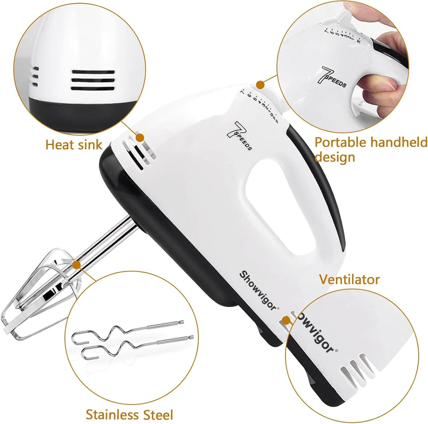 Showvigor Electric Hand mixer - 7 Adjustable Speed 180W Handheld Mixer Electric Whisk with 5 Stainless Steel Accessories, Turbo Boost/Self-Control Speed + Eject Button Food Beater for Cakes Eggs
