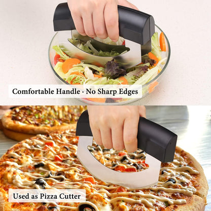 KITCHENDAO Super Sharp Pizza Cutter Mezzaluna Salad Chopper, Advanced CNC Sharpening Technology for Fast Chopping, Rocker Slicer Mincing Knife with Protective Cover, Chop Herbs Vegetables