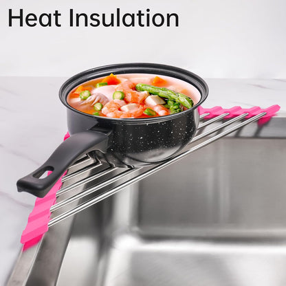 Tomorotec Triangle Foldable Dish Drying Rack, Small Roll-Up Stainless Steel Over Sink Drainer for Kitchen Sink Corner, Rustproof Multipurpose Organizer(Pink)