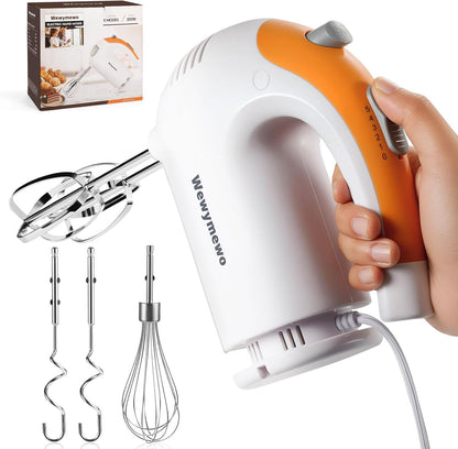 300W 5-Speed Electric Hand Mixer with 3 Thickened Nesting Mixing Bowls, Measuring Cups and Spoons, Complete Kitchen Cake Mixer with Paddle, Dough Hook and Whisk for Baking
