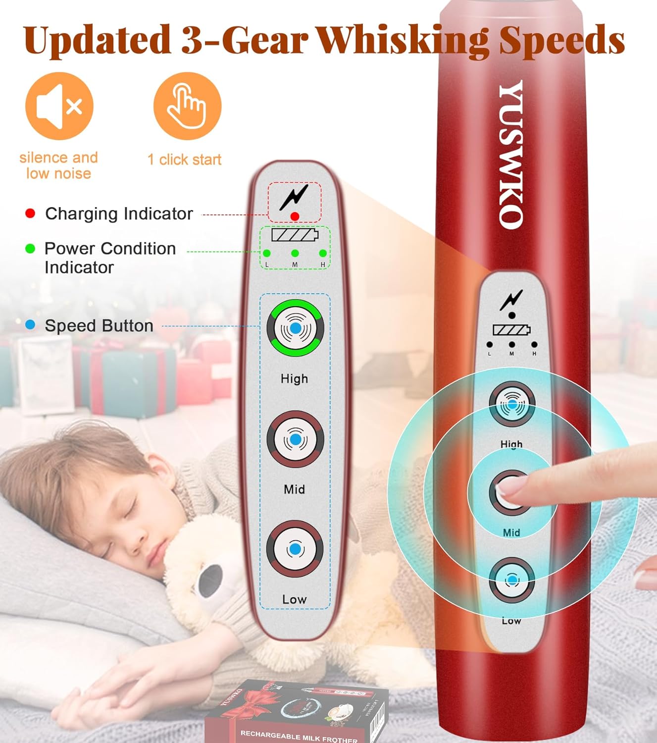 YUSWKO Black Handheld Milk Frother Wand for Coffee, Rechargeable Electric Whisk with 3 Heads 3 Speeds Drink Mixer Coffee Frother For Latte, Cappuccino, Hot Chocolate, Egg