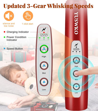 YUSWKO Black Handheld Milk Frother Wand for Coffee, Rechargeable Electric Whisk with 3 Heads 3 Speeds Drink Mixer Coffee Frother For Latte, Cappuccino, Hot Chocolate, Egg