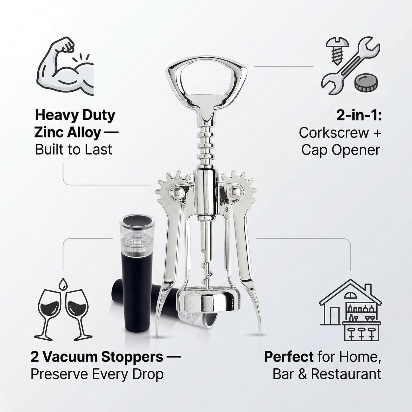 Wing Corkscrew Wine Opener Set, Zinc Alloy Manual with Built-in Cap Opener and 2 Vacuum Stoppers, Stainless Steel, Heavy Duty, 7-Inch