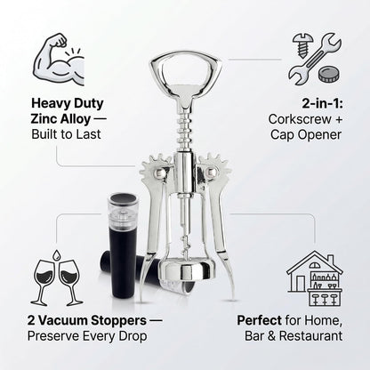 Wing Corkscrew Wine Opener Set, Zinc Alloy Manual with Built-in Cap Opener and 2 Vacuum Stoppers, Stainless Steel, Heavy Duty, 7-Inch