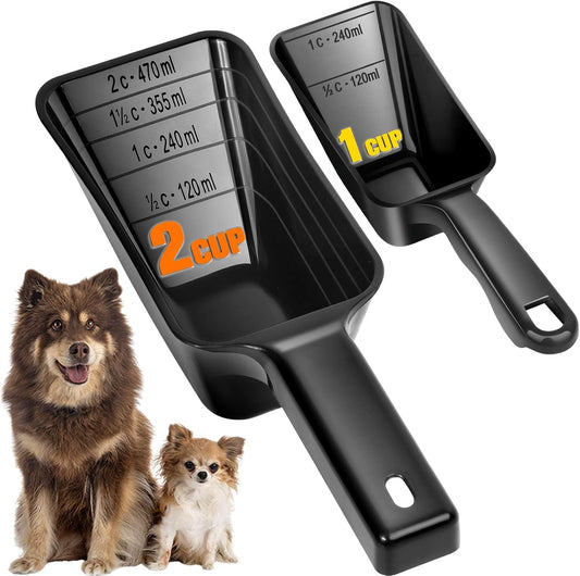 2-Pack Dog Food Scoop Set,1 Cup and 2 Cup Plastic Pet Food Measuring Scoops with Clear Measurement Lines,Multi-Purpose Pet Food Scooper for Dogs, Cats (Green and Black)