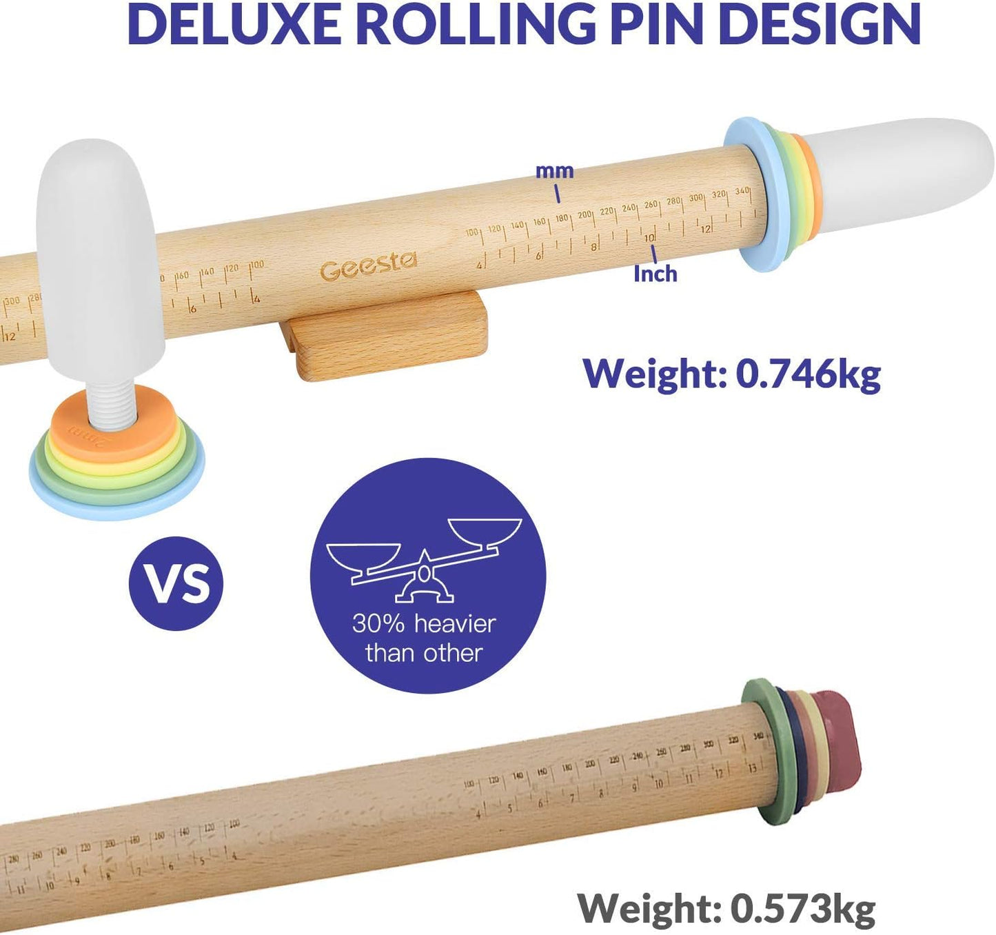 Geesta Adjustable Wood Rolling Pin with 5 Thickness Rings, Precise Dough Roller Handle Press Design with Measurement Guide for Fondant, Pizza, Pie Crust, Cookie, Pastry Baking Decorating Accessories