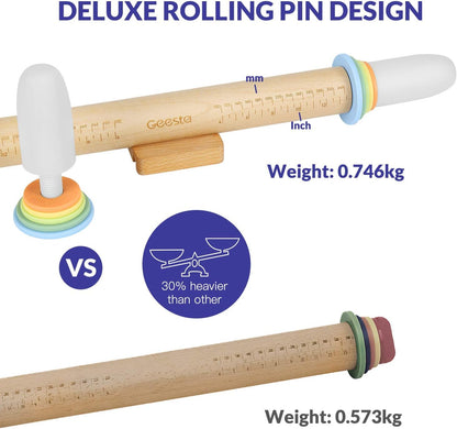 Geesta Adjustable Wood Rolling Pin with 5 Thickness Rings, Precise Dough Roller Handle Press Design with Measurement Guide for Fondant, Pizza, Pie Crust, Cookie, Pastry Baking Decorating Accessories