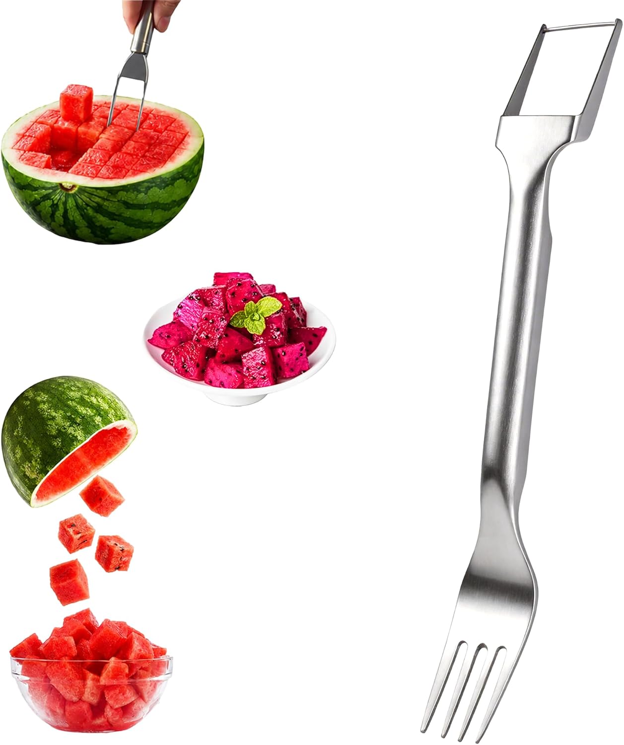 Watermelon Cutter, 2-in-1 Stainless Steel Fruit Cutter, Dual Head Watermelon Fork Slicer Tool, Summer Fruit Cutting Kitchen Gadget for Home (Round-2PCS)