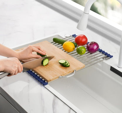 Tomorotec 17.7" x 15.5" Roll Up Dish Drying Rack Over Sink Drying Rack Sink Cover Kitchen Sink Accessories Gadget Multipurpose Organizer Foldable Stainless Steel Drainer