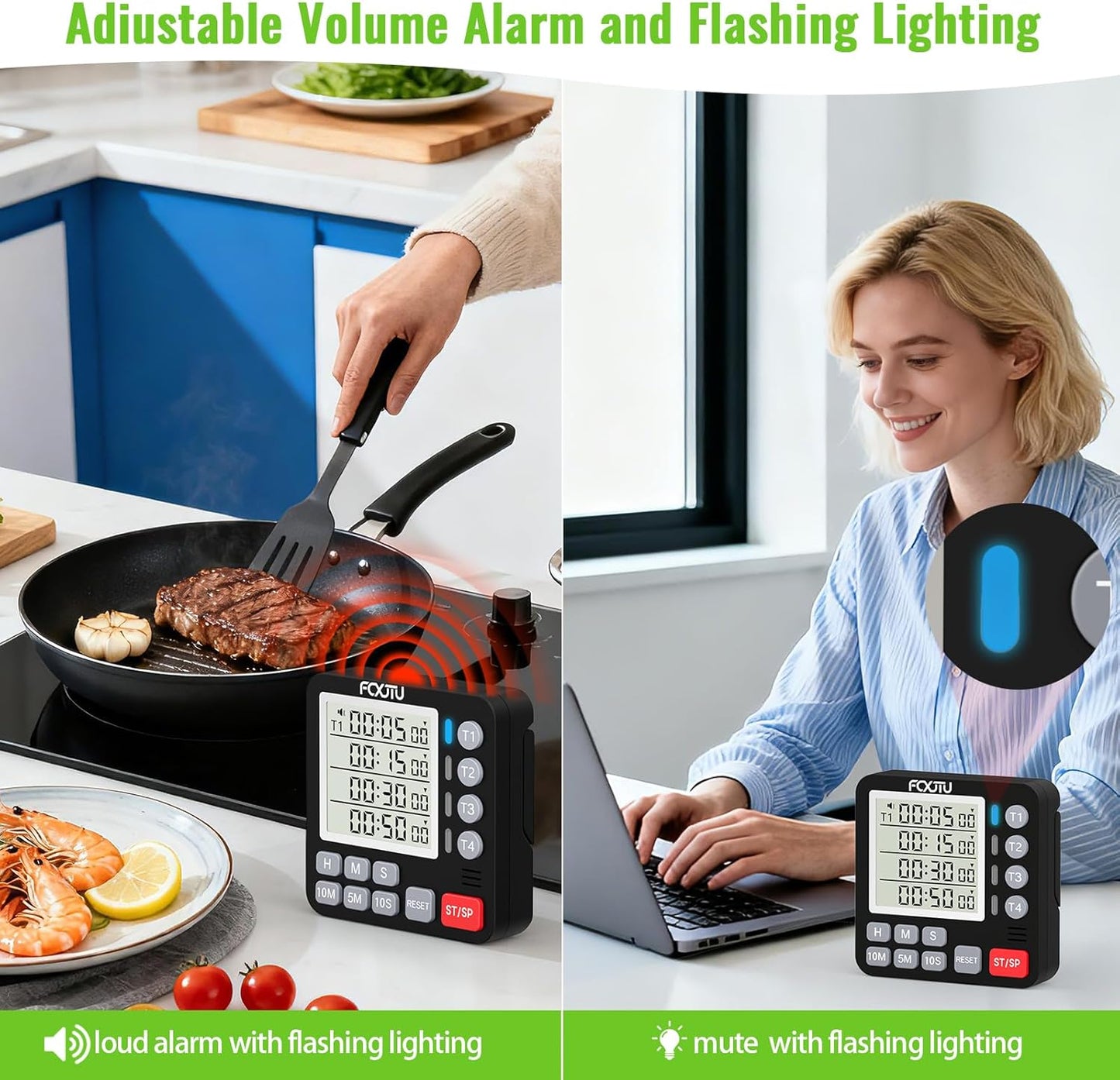 Digital Dual Kitchen Timer, 4-Channel Magnetic Countdown Timer for Cooking, On/Off, Large Display Multi Food Loud Alarm Silent for Classroom Seniors Battery Included (Black)