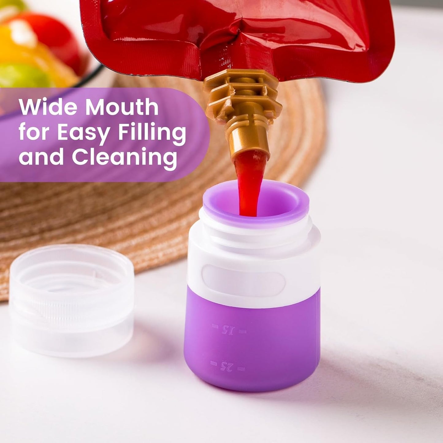 MICEBAY Condiment Squeeze Bottles for Sauces, 2-oz Mini Silicone Salad Dressing Container to Go with Reusable Sandwich Bag, Leakproof Ketchup Bottle for Bento Lunch Box, 4 Pack, Candies