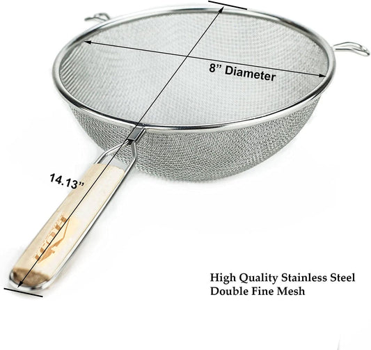 Huji 8-Inch Stainless Steel Double Mesh Food Strainer Colander - Fine Sieve Sifter with Wooden Handle for Kitchen Cooking, Pasta, Rice, Noodles, and More